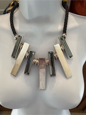 Passion Massive Statement Silver and Black Geometric Bar Leather Silver Necklace